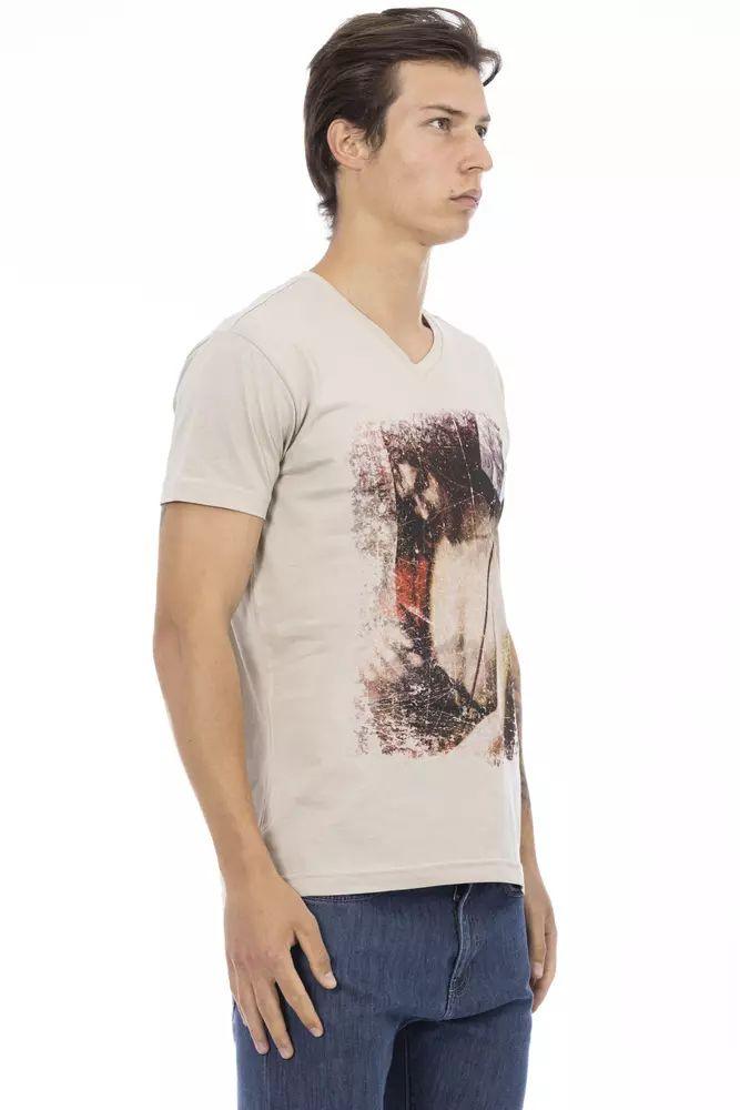 Trussardi Action Beige V-Neck Tee with Front Print - PER.FASHION
