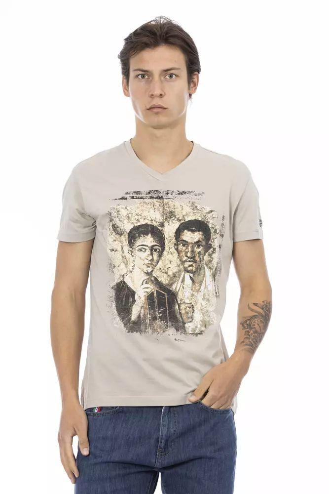 Trussardi Action Chic Beige V-Neck Tee With Front Print - PER.FASHION
