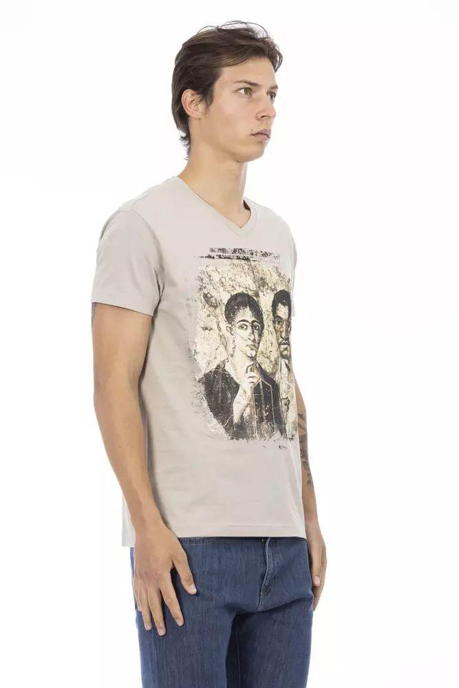 Trussardi Action Chic Beige V-Neck Tee With Front Print - PER.FASHION