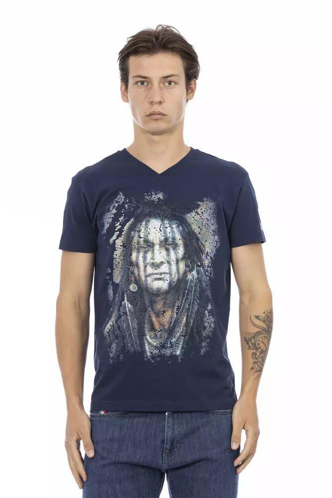 Trussardi Action Chic Blue V-Neck Tee with Bold Front Print - PER.FASHION