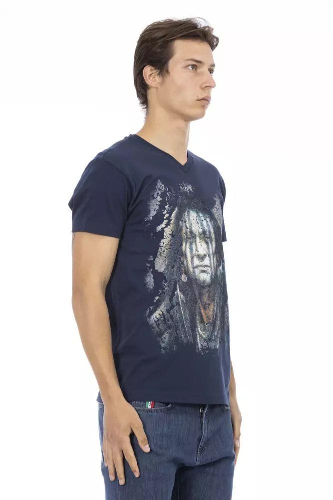 Trussardi Action Chic Blue V-Neck Tee with Bold Front Print - PER.FASHION