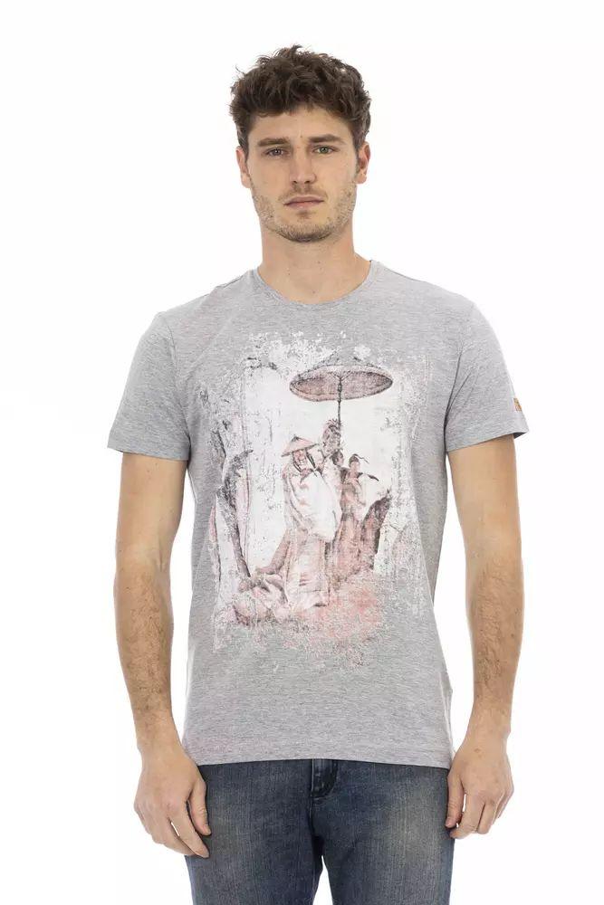 Trussardi Action Chic Gray Cotton-Blend Tee with Artistic Front Print - PER.FASHION