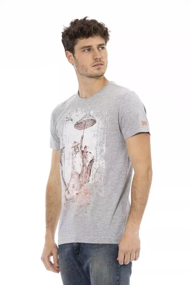 Trussardi Action Chic Gray Cotton-Blend Tee with Artistic Front Print - PER.FASHION