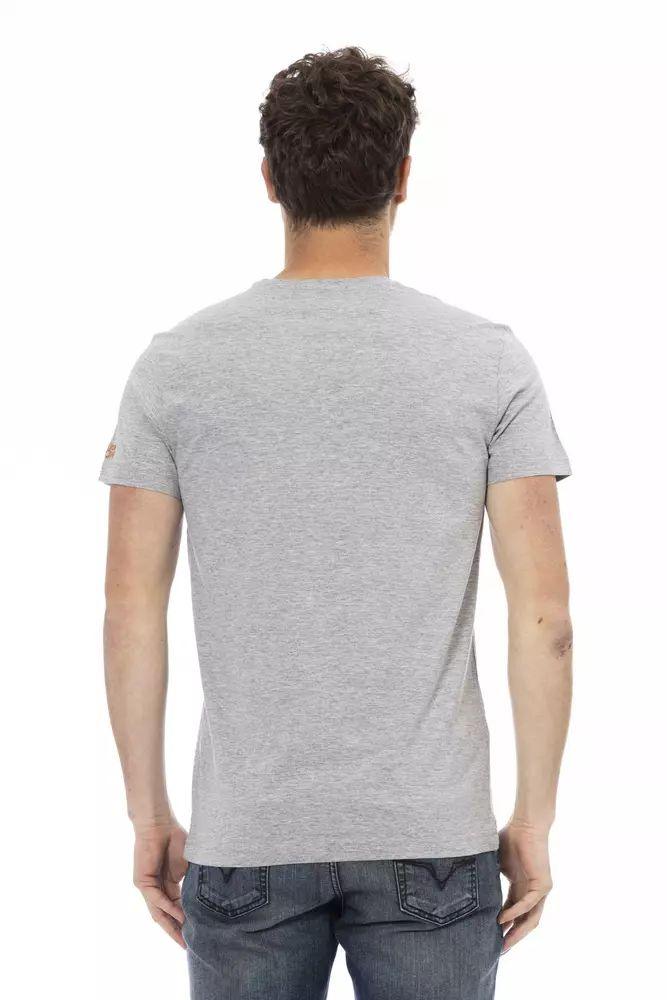 Trussardi Action Chic Gray Cotton-Blend Tee with Artistic Front Print - PER.FASHION