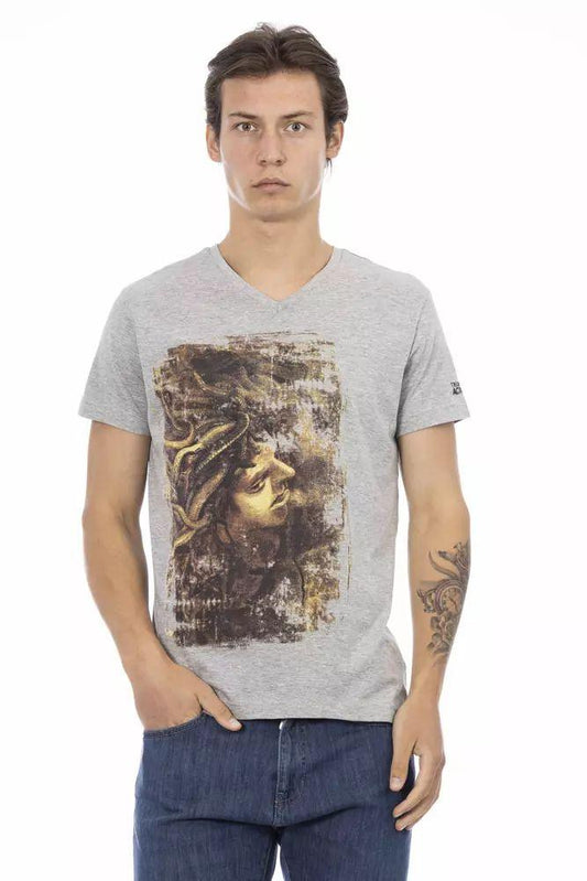 Trussardi Action Chic Gray V-Neck Tee with Stylish Front Print - PER.FASHION