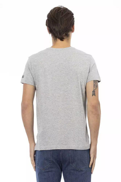 Trussardi Action Chic Gray V-Neck Tee with Stylish Front Print - PER.FASHION