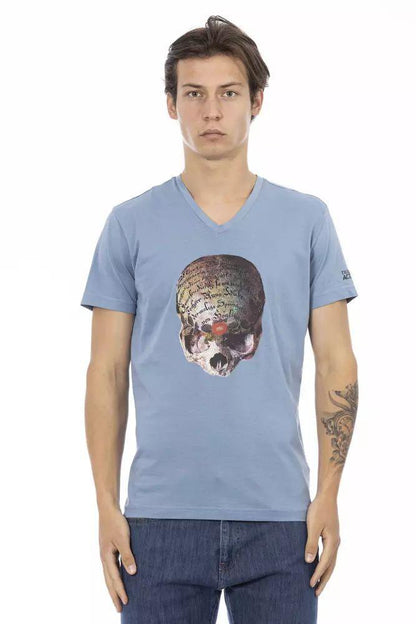 Trussardi Action Chic Light Blue V-Neck Tee with Front Print - PER.FASHION