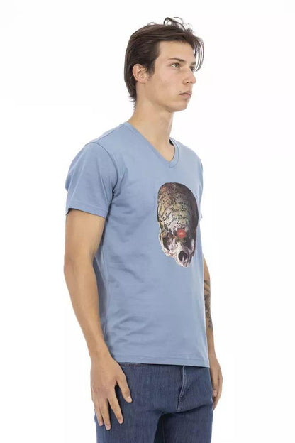 Trussardi Action Chic Light Blue V-Neck Tee with Front Print - PER.FASHION