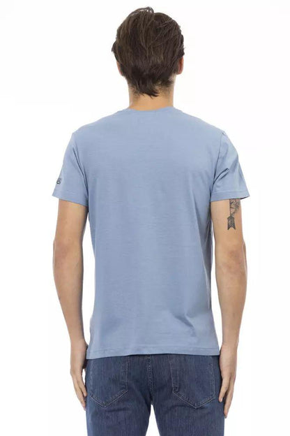 Trussardi Action Chic Light Blue V-Neck Tee with Front Print - PER.FASHION