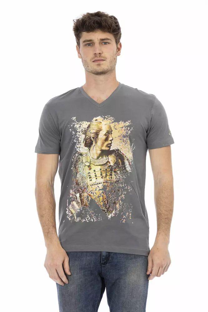 Trussardi Action Chic V-Neck Gray Tee with Striking Front Print - PER.FASHION