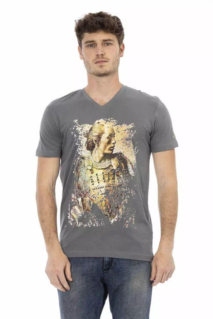 Trussardi Action Chic V-Neck Gray Tee with Striking Front Print - PER.FASHION