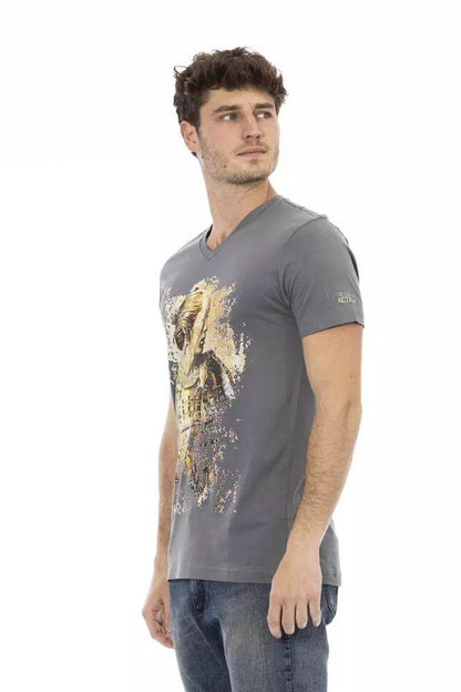 Trussardi Action Chic V-Neck Gray Tee with Striking Front Print - PER.FASHION