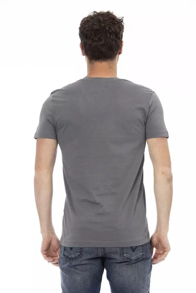 Trussardi Action Chic V-Neck Gray Tee with Striking Front Print - PER.FASHION