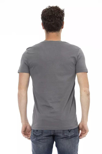 Trussardi Action Chic V-Neck Gray Tee with Striking Front Print - PER.FASHION