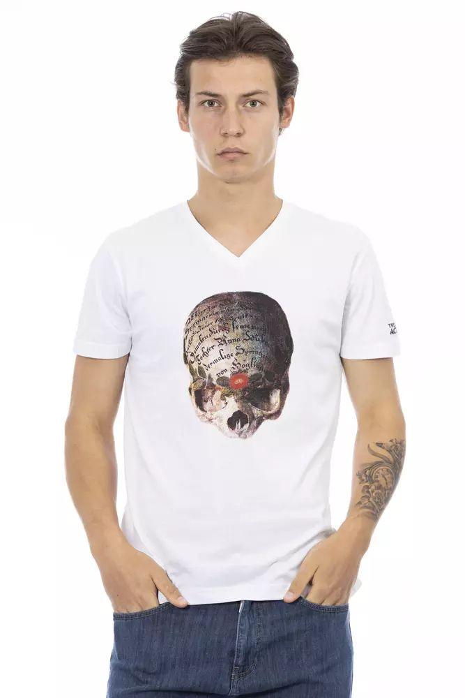 Trussardi Action Elegant White V-Neck Tee with Sleek Print - PER.FASHION