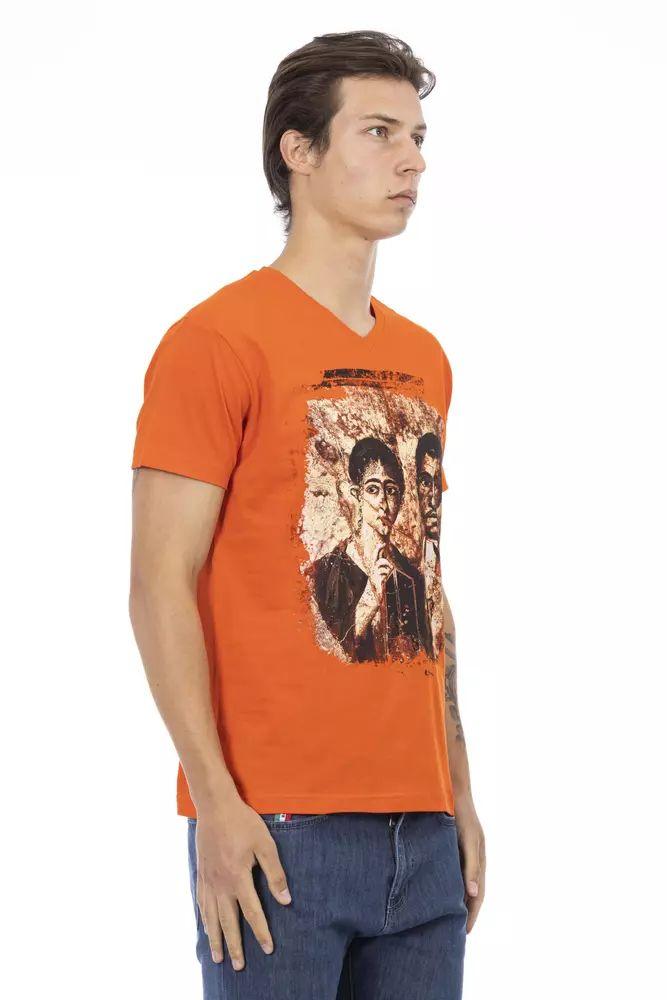 Trussardi Action Orange V-Neck Tee with Graphic Charm - PER.FASHION