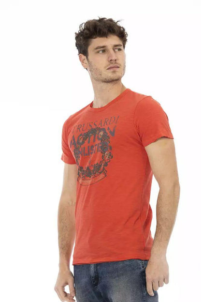 Trussardi Action Sleek Red Round Neck Tee with Front Print - PER.FASHION