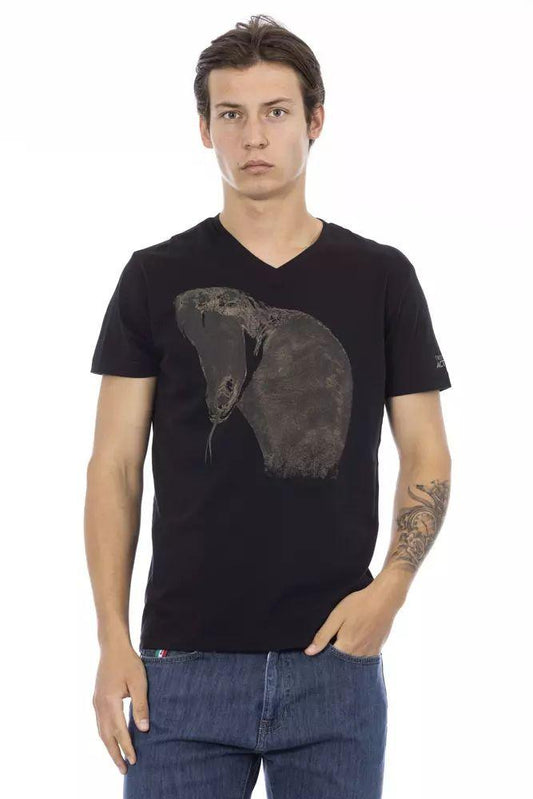 Trussardi Action V-Neck Black Tee with Chic Front Print - PER.FASHION