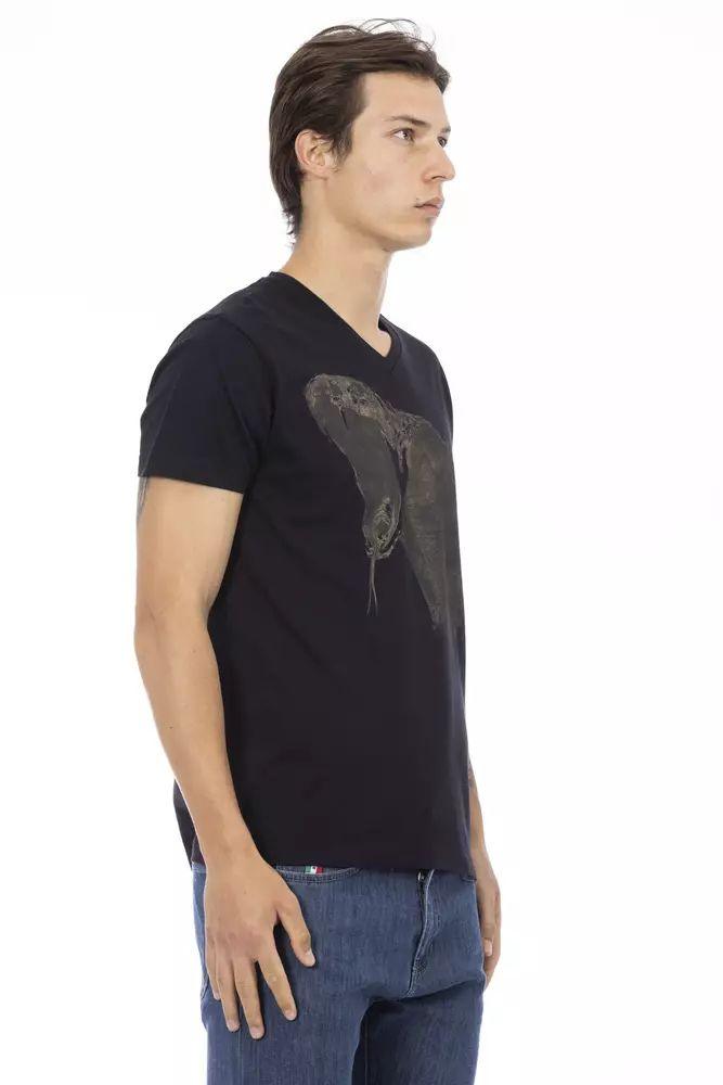 Trussardi Action V-Neck Black Tee with Chic Front Print - PER.FASHION