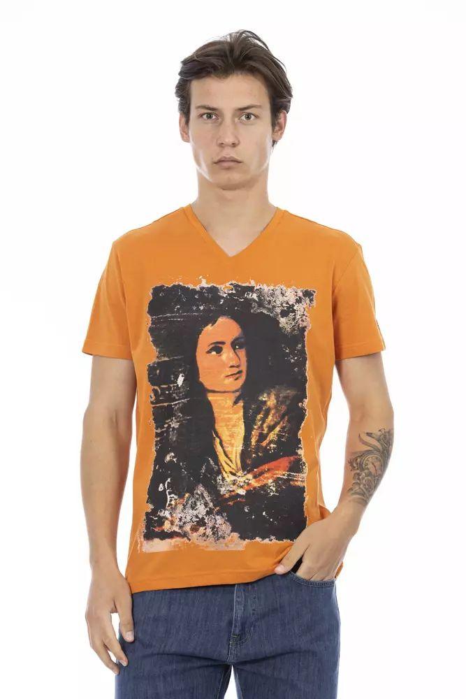 Trussardi Action Vibrant Orange V-Neck Tee with Sleek Print - PER.FASHION