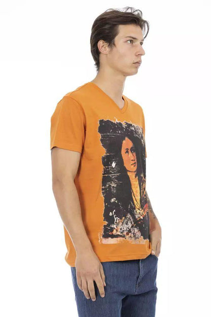 Trussardi Action Vibrant Orange V-Neck Tee with Sleek Print - PER.FASHION