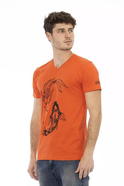 Trussardi Action Vibrant Red V-Neck Tee with Front Print - PER.FASHION