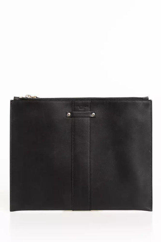 Trussardi Elegant Black Leather Pocket Clutch Bag - PER.FASHION