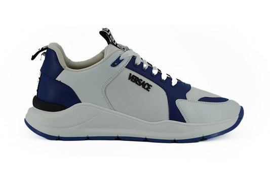 Versace Elegant Blue and White Leather Sneakers - PER.FASHION