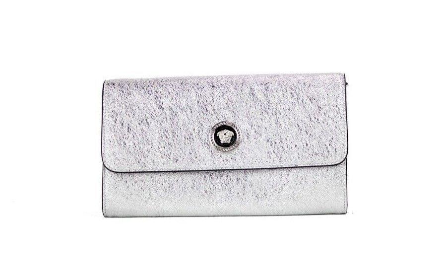 Versace Small Metallic Silver Lamb Leather Medusa Clutch Crossbody Wallet Bag - PER.FASHION