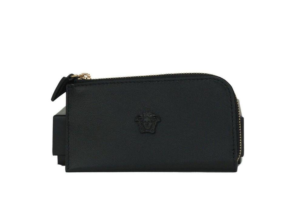 Versace Smooth Leather Matte Medusa Head Organizer Zip Card Case Wallet Black - PER.FASHION