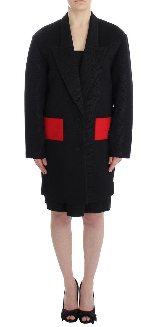 KAALE SUKTAE Elegante cappotto lungo drappeggiato in nero con accenti rossi