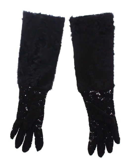 Черные кружевные шерстяные перчатки Dolce &amp; Gabbana с мехом ягненка и локтями