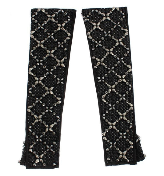 Dolce &amp; Gabbana Элегантные черные кожаные перчатки с кристаллами и бисером