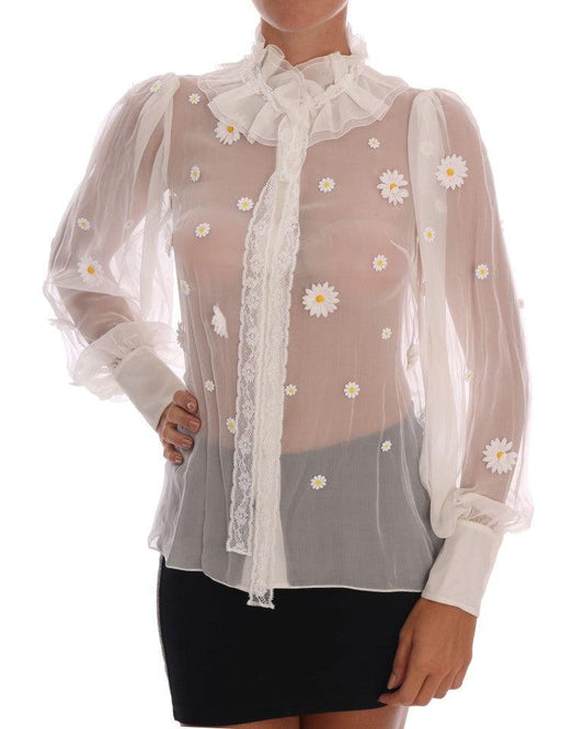Dolce &amp; Gabbana Элегантная белая шелковая блузка с ромашками
