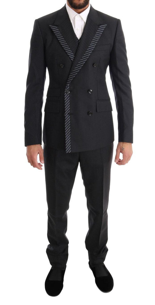 Dolce &amp; Gabbana Элегантный мужской костюм-тройка из шерсти и шелка серого цвета в полоску