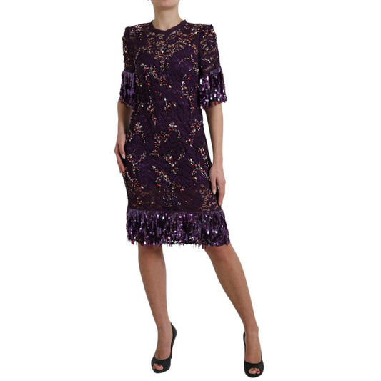 Dolce & Gabbana Elegant Purple Floral Lace Crystal Dress - PER.FASHION