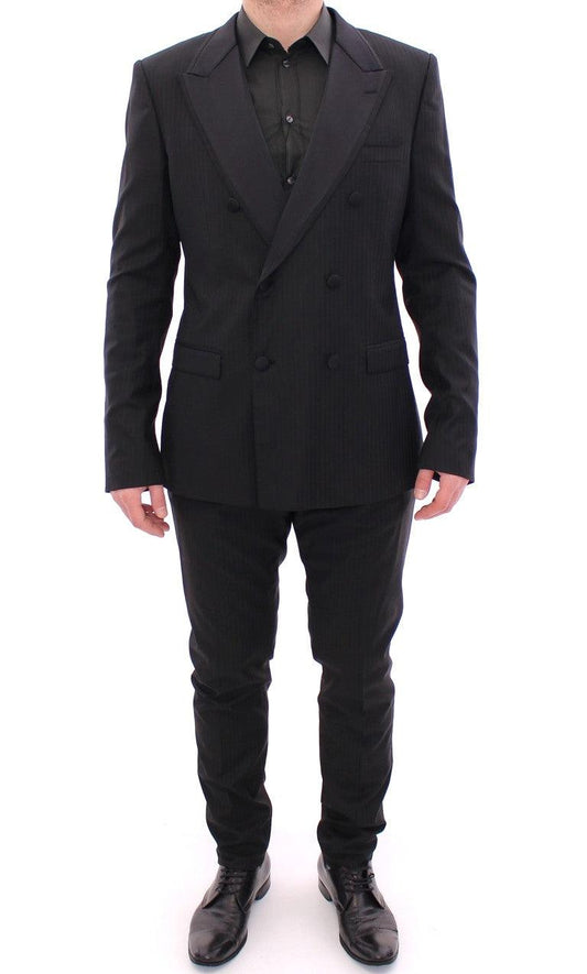Dolce &amp; Gabbana Элегантный костюм из смеси шерсти и шелка черного цвета в полоску