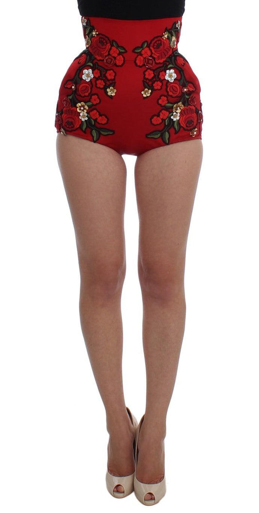 Dolce &amp; Gabbana Гламурные красные шелковые шорты с цветочной вышивкой