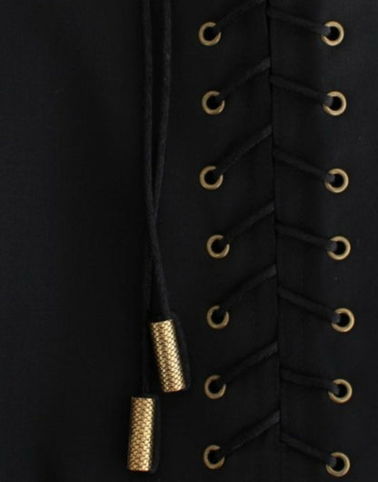 Cavalli Elegant Black Pleated Lace A-Line Skirt - PER.FASHION