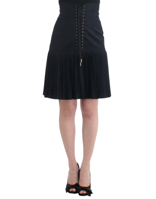 Cavalli Elegant Black Pleated Lace A-Line Skirt - PER.FASHION