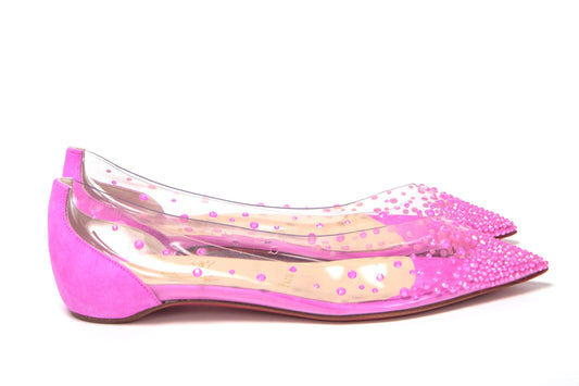 Christian Louboutin Ярко-розовые замшевые туфли с плоским носком и кристаллами