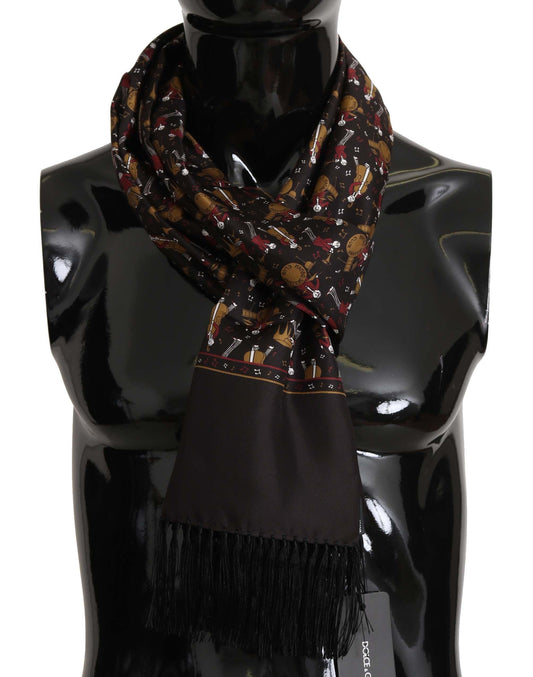 Dolce &amp; Gabbana Elegante sciarpa in seta marrone con stampa musicisti