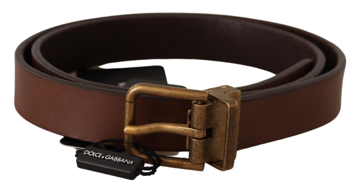 Dolce & Gabbana Elegant Brown Leather Belt with Gold Buckle - PER.FASHION