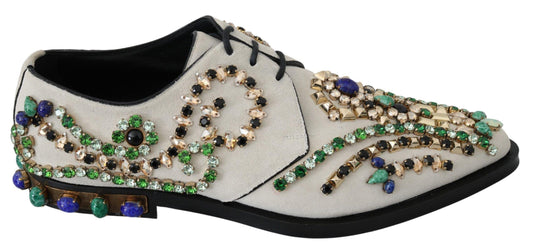 Dolce & Gabbana Elegant White Suede Dress Flats with Crystals