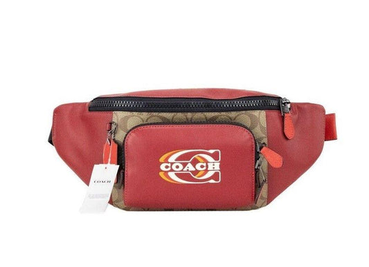 COACH Track Colorblock Khaki Coated Canvas Red Leather Stamp Belt Bag
