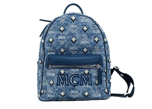 MCM Stark, маленький синий винтажный жаккардовый рюкзак с монограммой и логотипом, сумка для книг