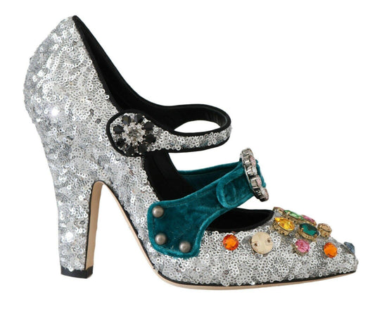 Dolce &amp; Gabbana Элегантные серебристо-черные туфли Мэри Джейн с кристаллами